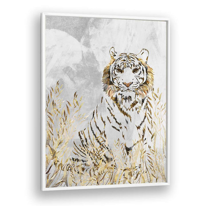 Golden Tiger in the Leaves By Sarah Manovski Wildlife Painting in White Plain Frame