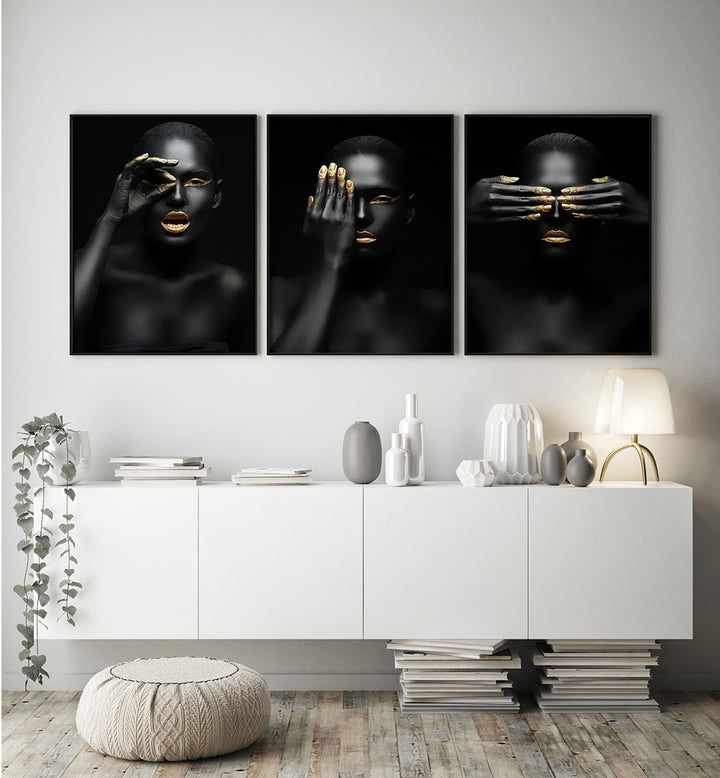 GOLDEN GAZE NOIR , SET OF 3 PAINTINGS