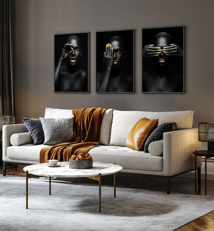 GOLDEN GAZE NOIR , SET OF 3 PAINTINGS