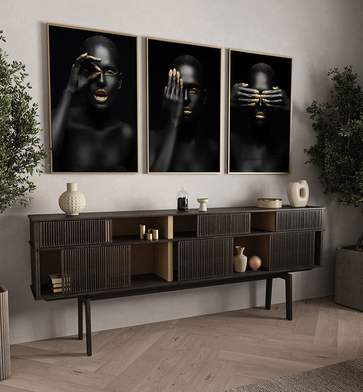 GOLDEN GAZE NOIR , SET OF 3 PAINTINGS