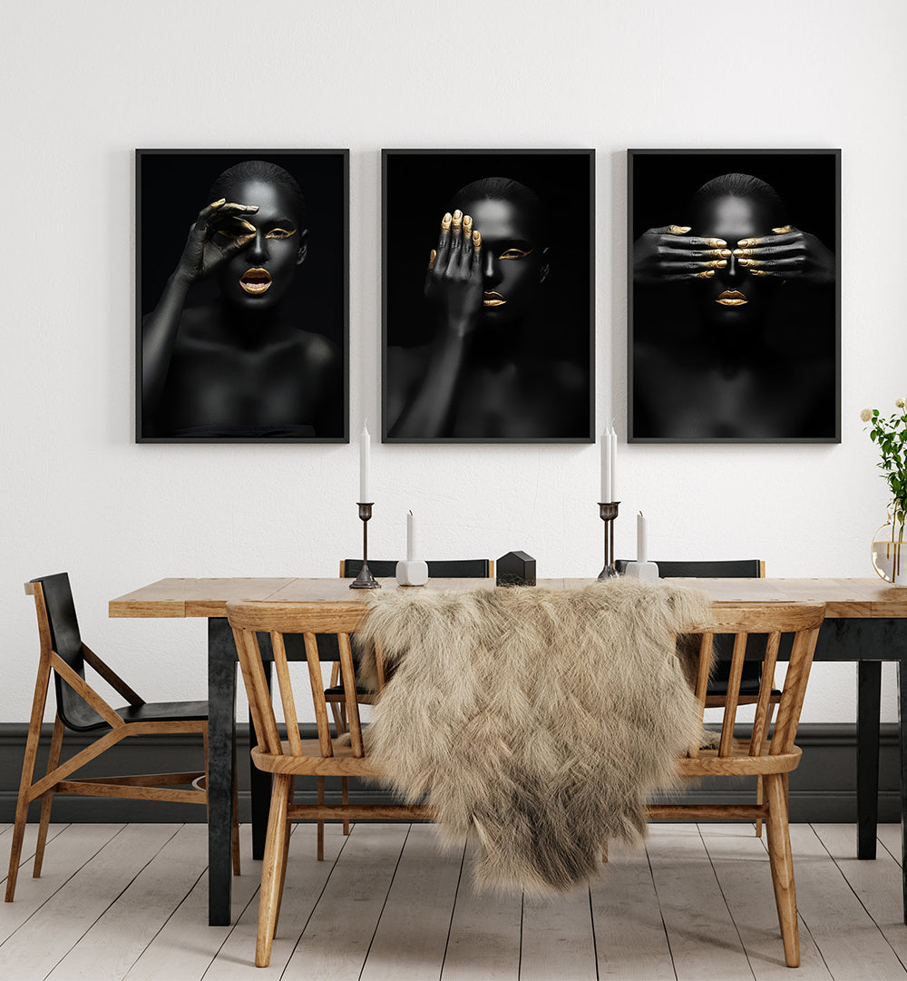 GOLDEN GAZE NOIR , SET OF 3 PAINTINGS