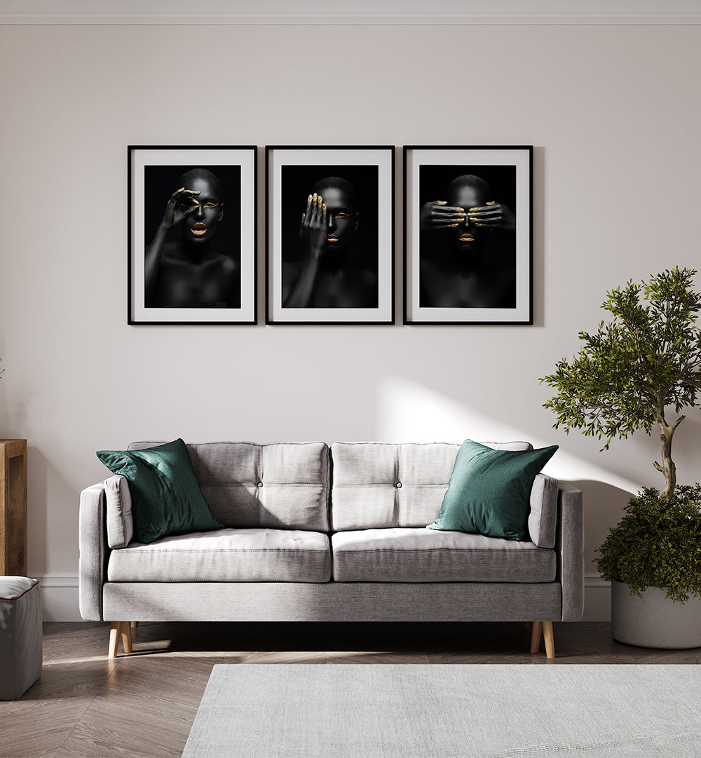 GOLDEN GAZE NOIR , SET OF 3 PAINTINGS