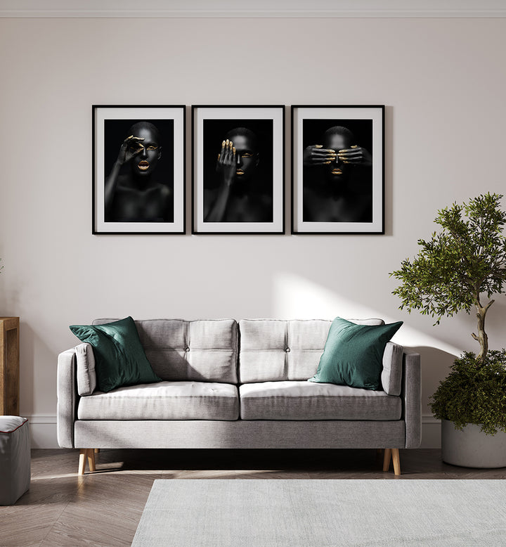 GOLDEN GAZE NOIR , SET OF 3 PAINTINGS