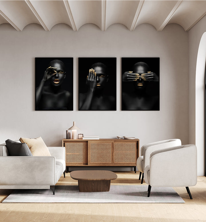 GOLDEN GAZE NOIR , SET OF 3 PAINTINGS