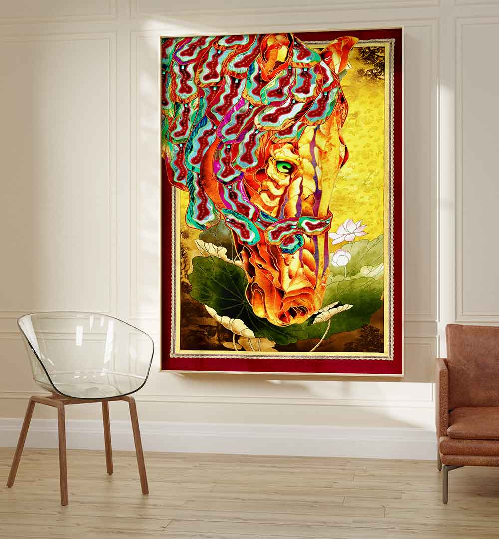 Vibrant GOLDEN GAZE, ANIMAL PAINTINGS showcasing a colorful horse design, perfect for modern home decor.