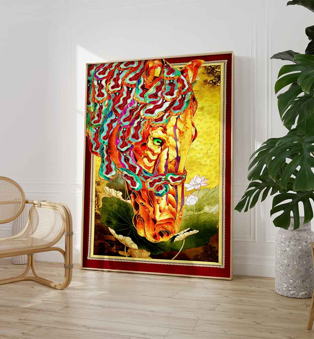 Vibrant GOLDEN GAZE, ANIMAL PAINTINGS showcase a stunning horse portrait in a stylish interior setting.