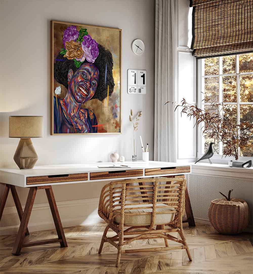 GOOD FEELINGS , PORTRAITS colorful figurative painting of smiling woman with flowers framed above a desk in cozy office