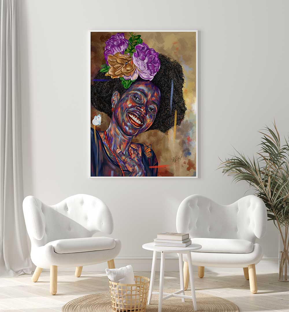 GOOD FEELINGS , PORTRAITS colorful figurative portrait of smiling Black woman with floral crown and butterfly