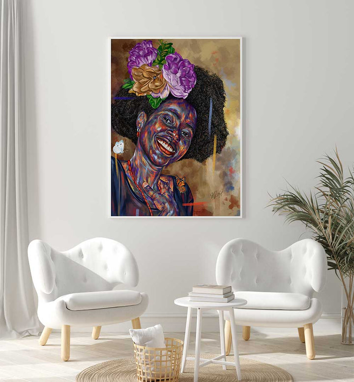 GOOD FEELINGS , PORTRAITS colorful figurative portrait of smiling Black woman with floral crown and butterfly