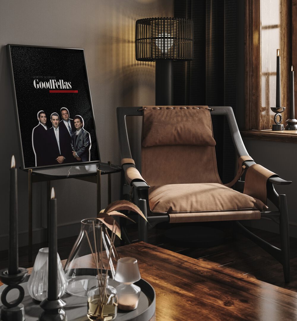 Goodfellas By Grishma Korjani Movie Posters in Black Plain Frame placed on above a Table in the Drawing Room