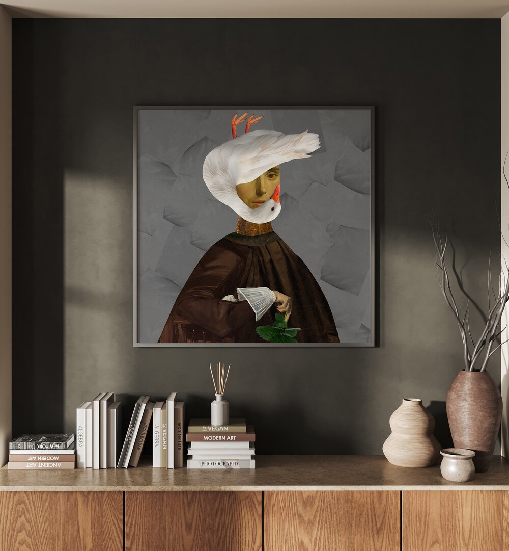 Goose And Sara Surreal Art Prints Surrealism in Black Plain Frame placed on a Dark Grey Colored Wall above a Console Table in the Living Room