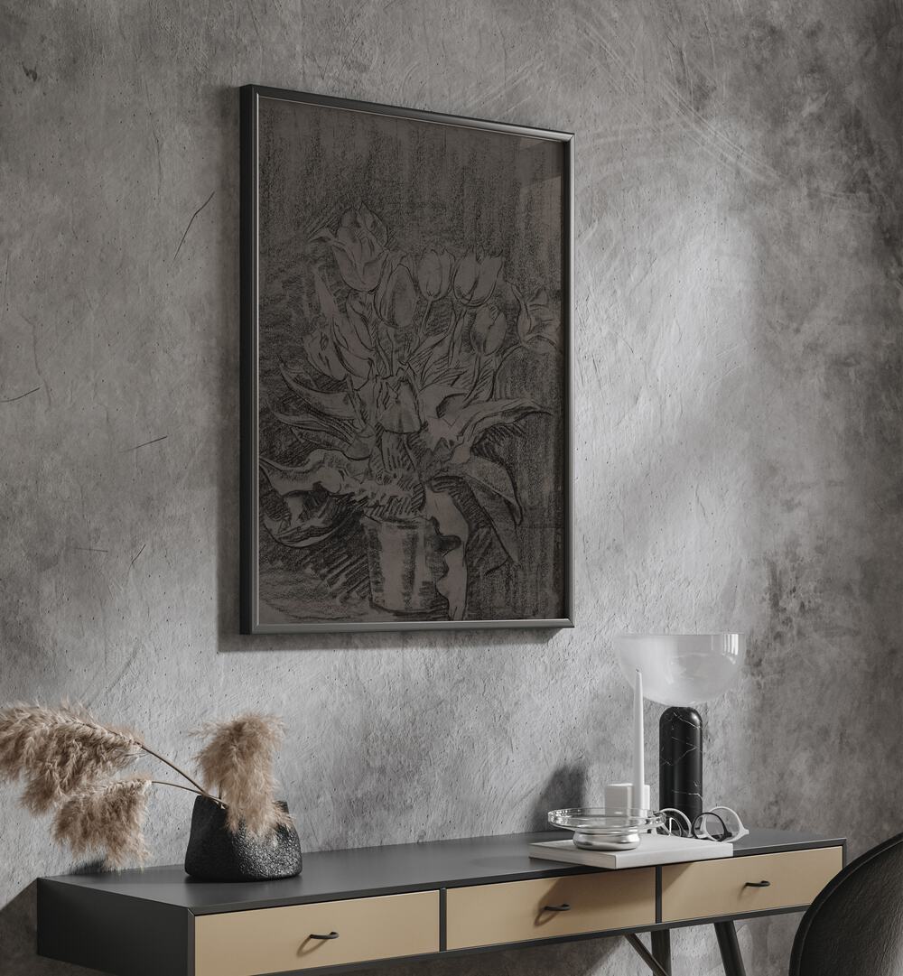 Gothic Bloom A Portrait Of The Flower Pot Gothic Art Prints in Black Plain Frame hanging on wall above console table.