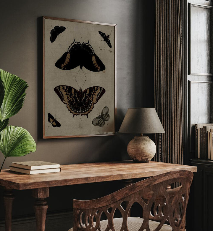 Gothic Flutter Wings Of Darkness And Intrigue Gothic Art Prints in Oak Wood Plain Frame hanging on wall above study table beside a window.