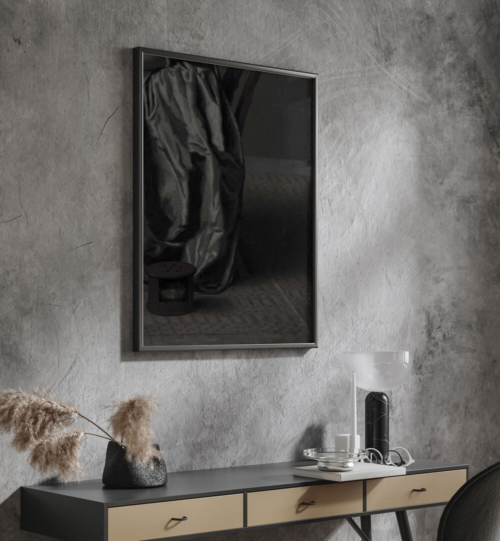 Gothic Garment Gothic Wall Art Prints in Black Plain Frame hanging on wall above console table.