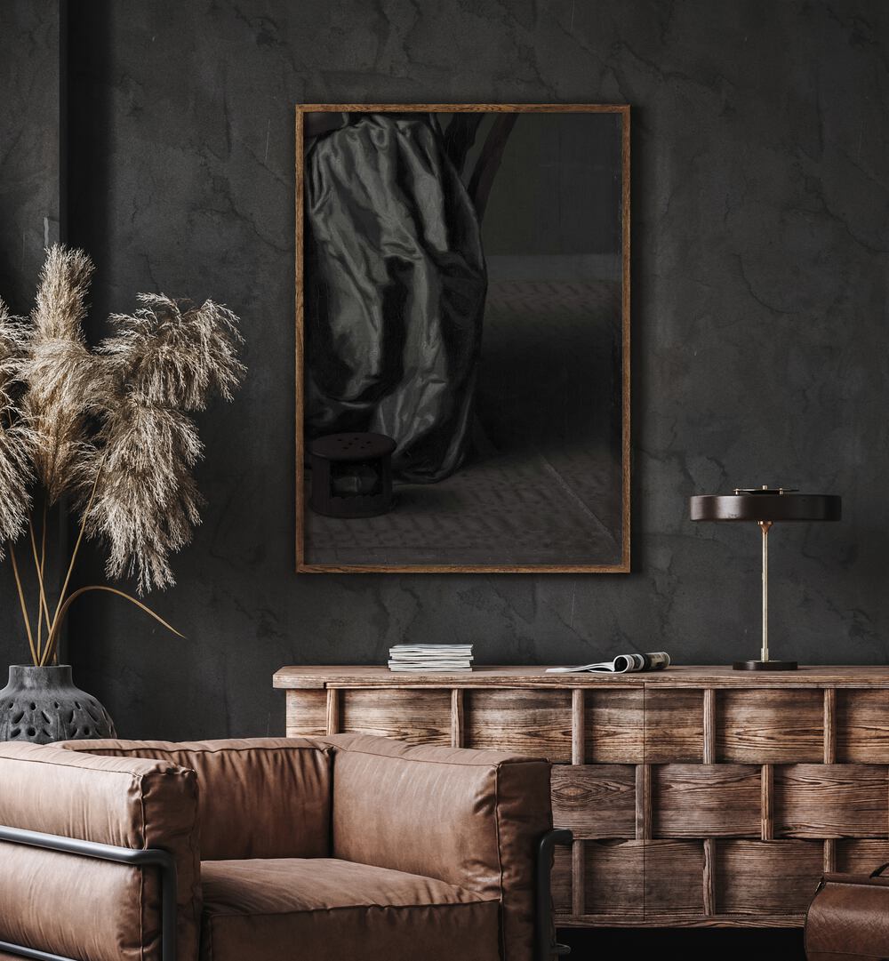 Gothic Garment Gothic Wall Art Prints in Black Plain Frame hanging on wall above brown chair beside plant.