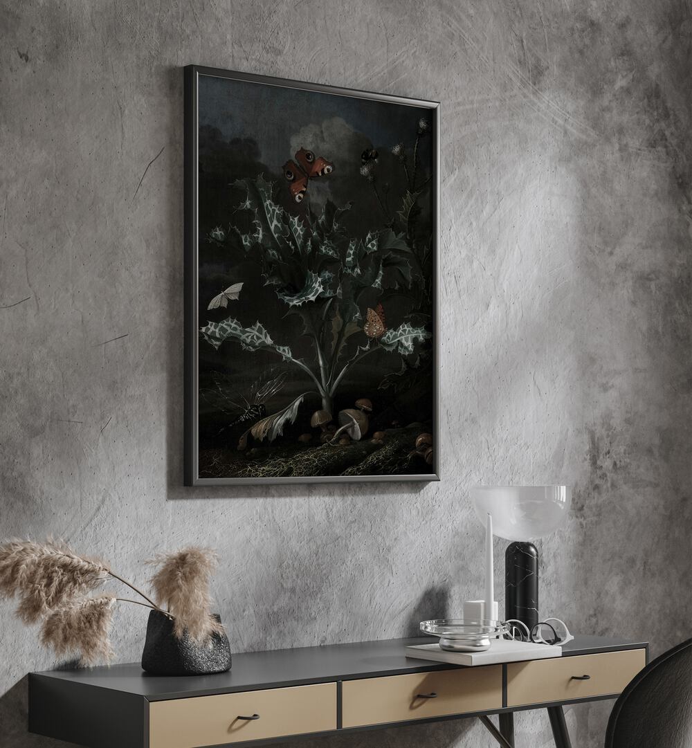 Gothic Gnarls Gothic Wall Art Prints in Black Plain Frame hanging on wall above console table.