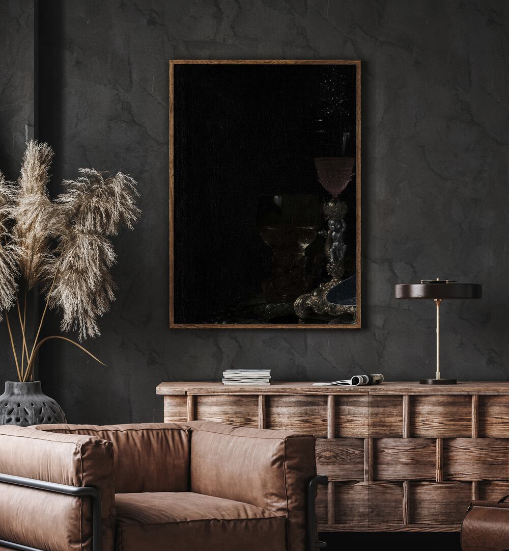 Gothic Luminescence The Haunting Glow Of The Candelabra Gothic Art Prints in Oak Wood Plain Frame hanging on wall above brown chair beside plant.