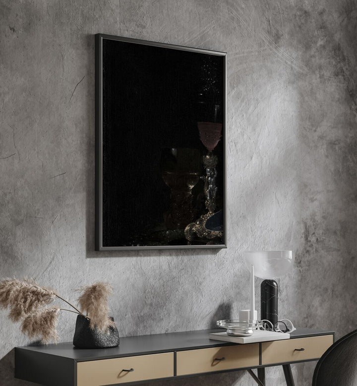 Gothic Luminescence The Haunting Glow Of The Candelabra Gothic Art Prints in Black Plain Frame hanging on wall above console table.