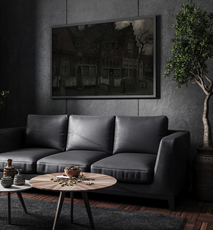 Gothic Noir Shadows Of The Soul Gothic Art Prints in Black Plain Frame hanging on a wall above black leather couch beside a plant.