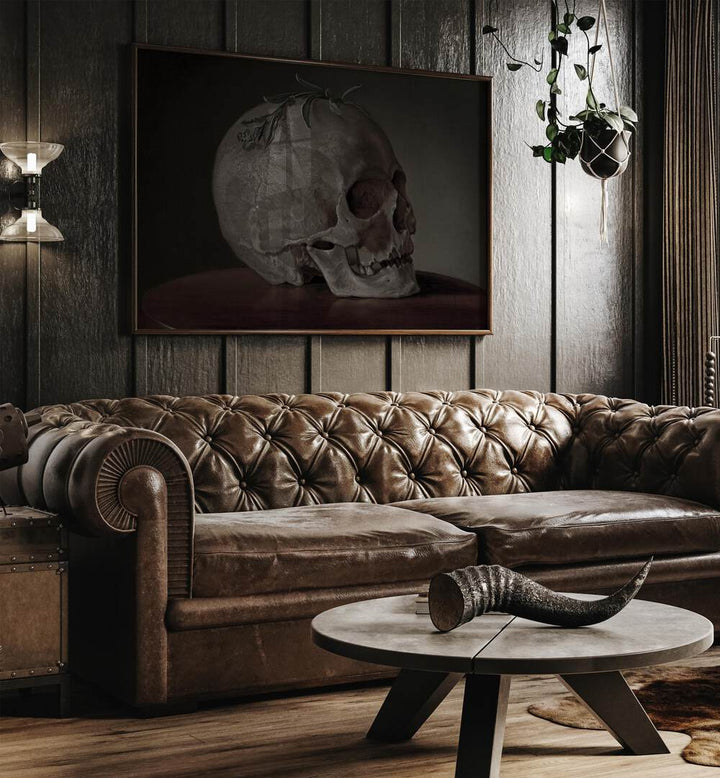 Gothic Remains I Gothic Wall Art Prints in Oak Wood Plain Frame hanging on a wall above brown leather couch beside a window