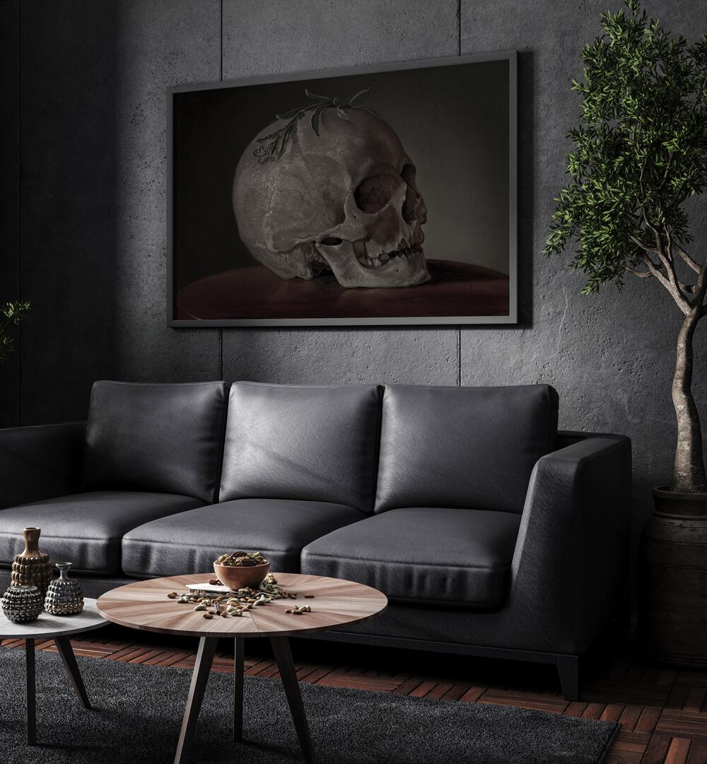 Gothic Remains I Gothic Wall Art Prints in Black Plain Frame hanging on a wall above black leather couch beside a plant.