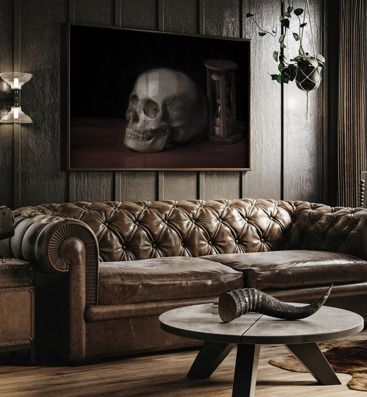 Gothic Remains ii Gothic Wall Art Prints in Oak Wood Plain Frame hanging on a wall above brown leather couch beside a window