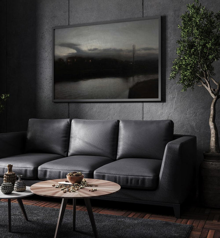 Gothic Twilight Whispers Of The Night Gothic Art Prints in Black Plain Frame hanging on a wall above black leather couch beside a plant.