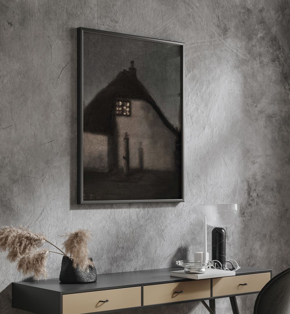 Gothic Twilight Whispers Of The Night ii Gothic Art Prints in Black Plain Frame hanging on wall above console table.