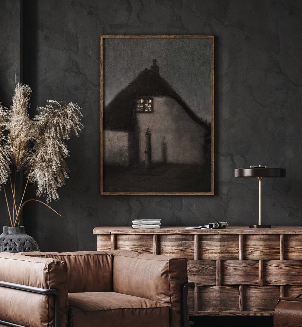 Gothic Twilight Whispers Of The Night ii Gothic Art Prints in Oak Wood Plain Frame hanging on wall above brown chair beside plant.