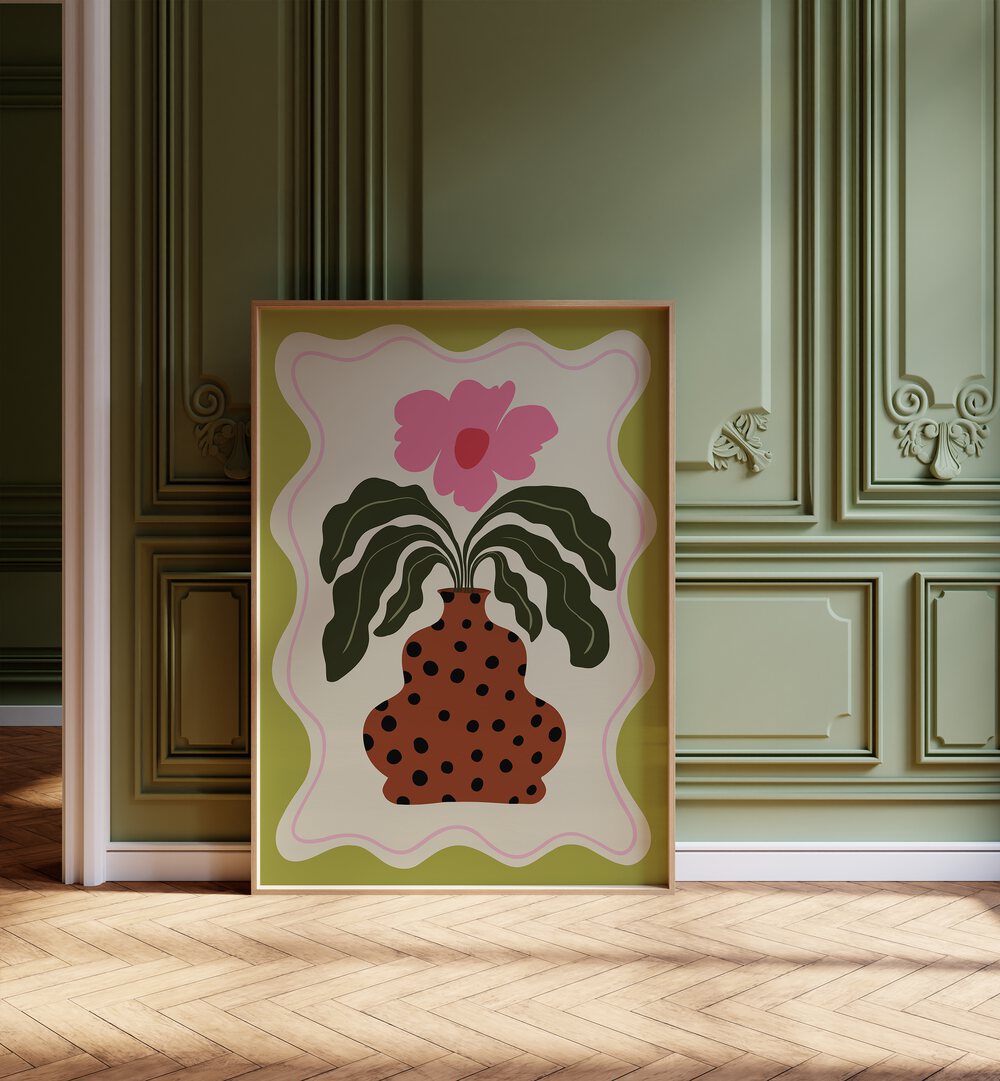 Grace By Miho Art Studio Botanical Art Prints Floral Paintings in Oak Wood Plain Frame placed on the floor near a Green Colored Wall in the Alley Way