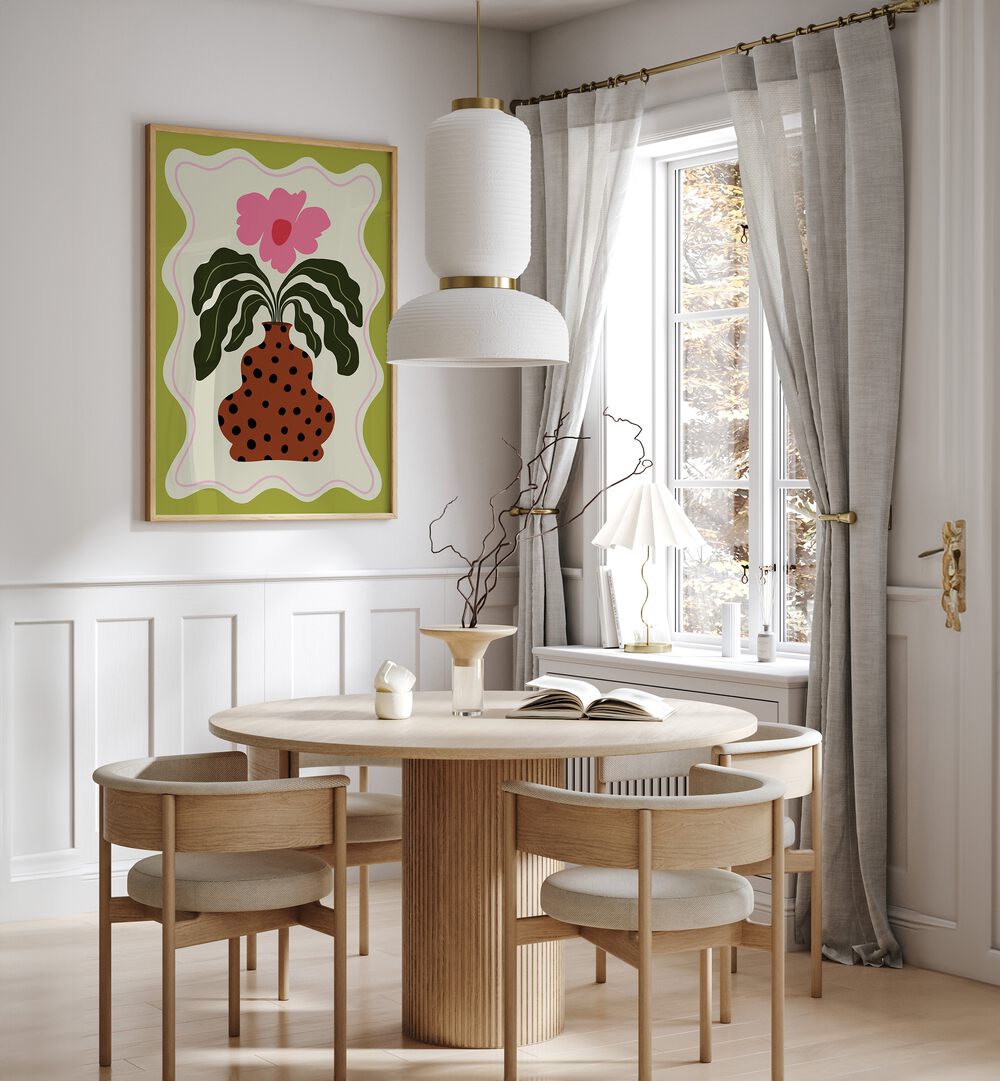 Grace By Miho Art Studio Botanical Art Prints Floral Paintings in Oak Wood Plain Frame placed on a White Colored Wall near a Coffee Table in the Dining Room