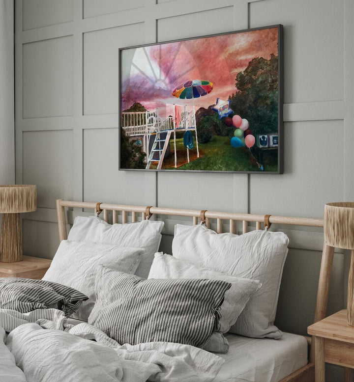 Graduation By Key And Sea Creative Art Print in Black Plain Frame behind a bed for bedroom