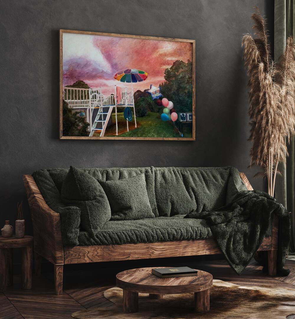 Graduation By Key And Sea Creative Art Print in Oak Wood Plain Frame behind a green sofa for living room