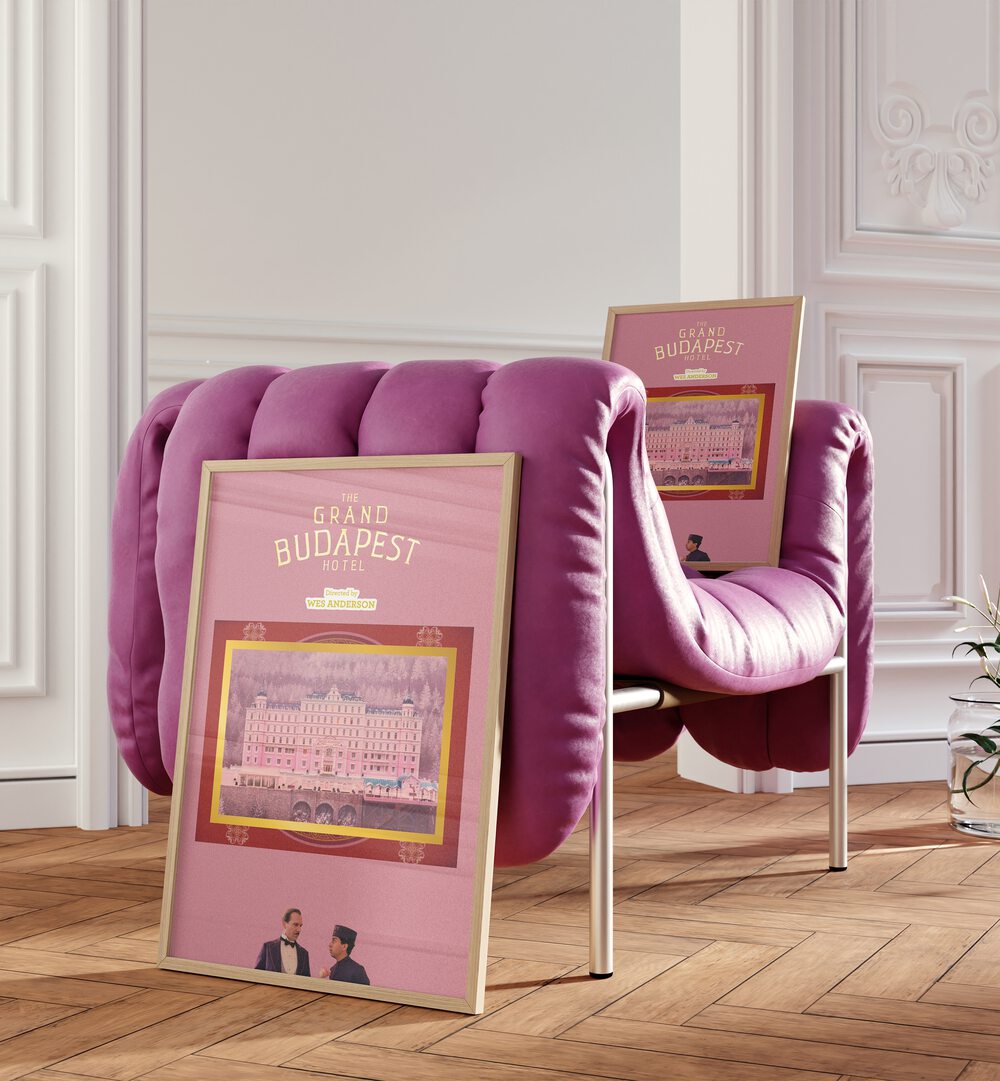 Grand Budapest Hotel By Grishma Korjani Movie Posters in Oak Wood Plain Frame placed on a Wooden Floor in the Living Room