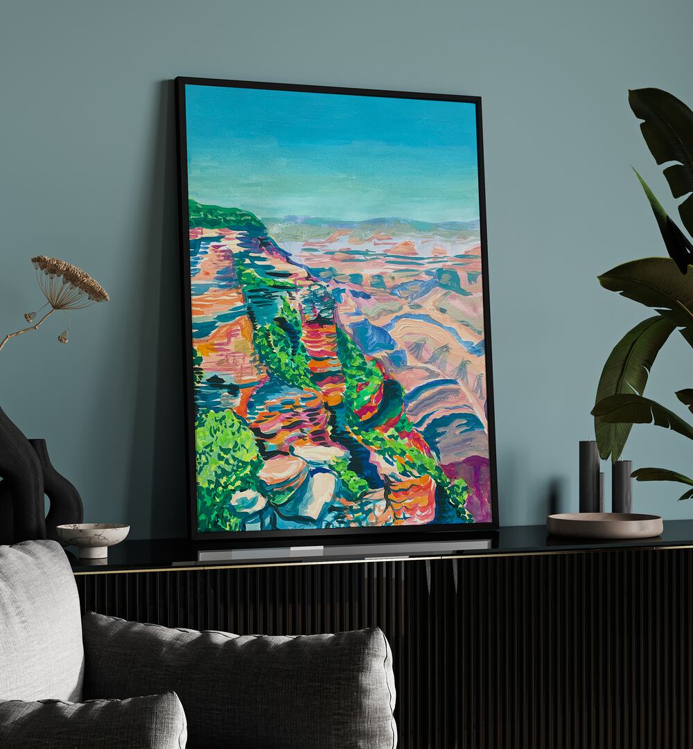 Grand Canyon By Key And Sea Creative Travel Art Print in Black Plain Frame on a black console table 