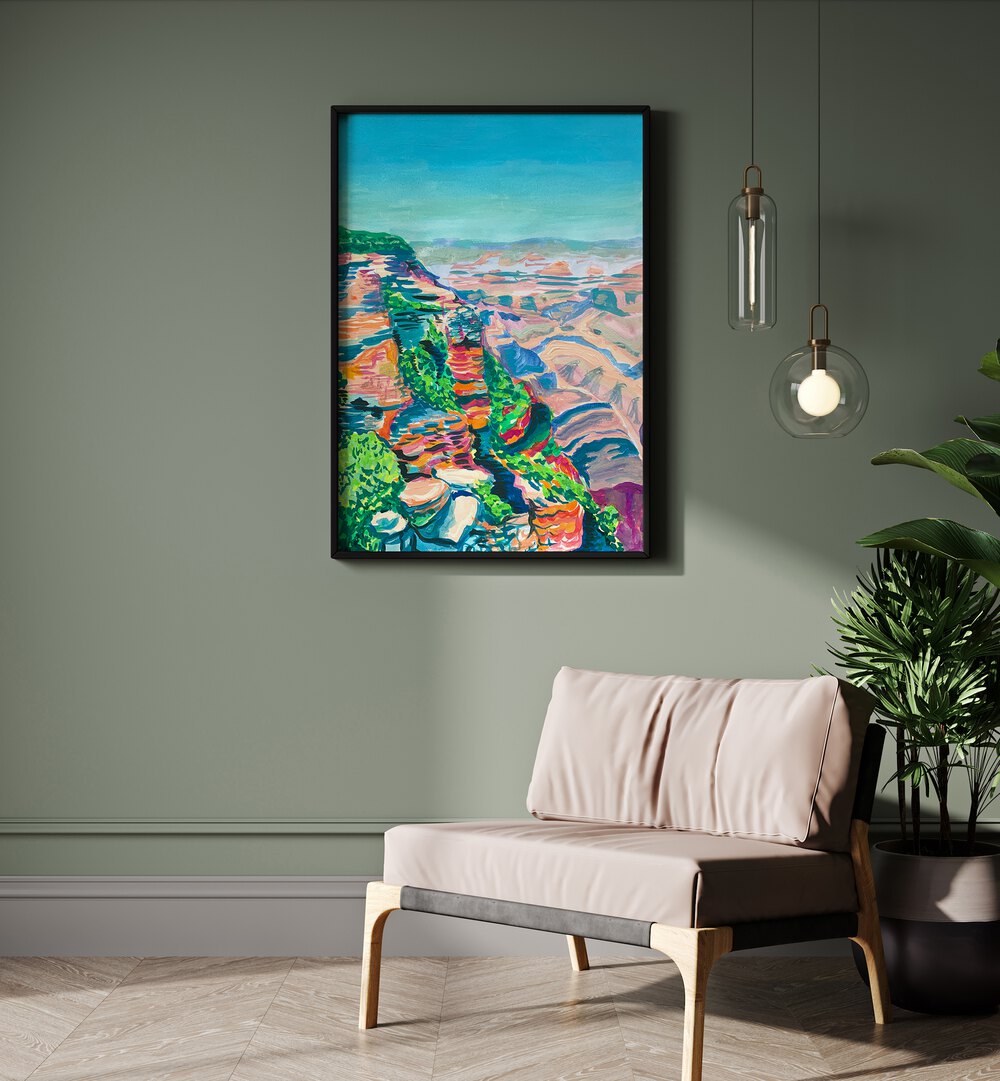 Grand Canyon By Key And Sea Creative Travel Art Print in Black Plain Frame behind a sofa on a green wall