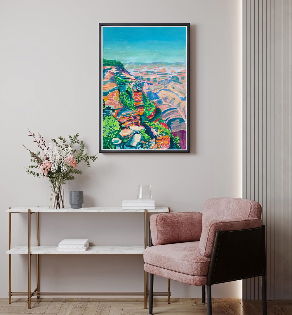 Grand Canyon By Key And Sea Creative Travel Art Print in Black Plain Frame on a white wall above a table 