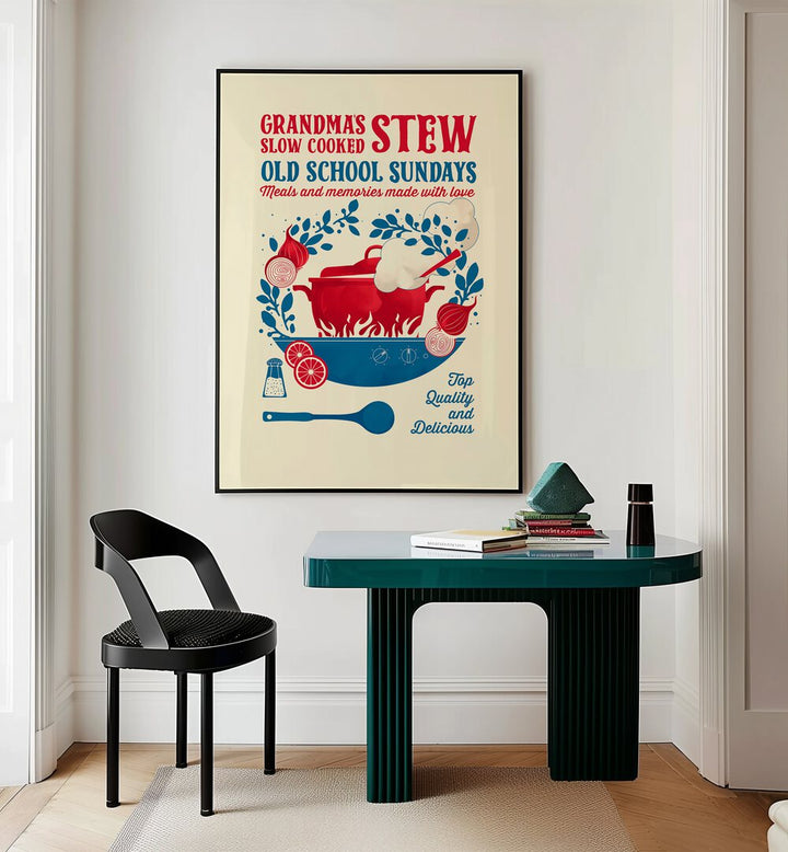 Grandmas Stew by Studio Mandariini Kitchen Posters Kitchen Art Prints in Black Plain Frame placed on a wall behind a study table