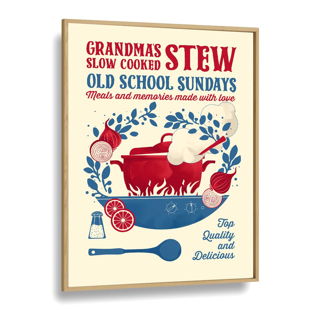 Grandmas Stew by Studio Mandariini Kitchen Posters Kitchen Art Prints in Oak Wood Plain Frame