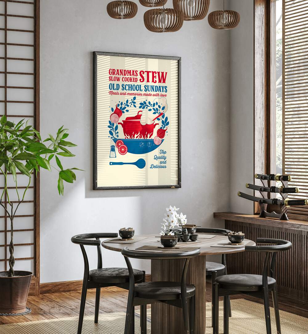 Grandmas Stew by Studio Mandariini Kitchen Posters Kitchen Art Prints in Black Plain Frame placed on a wall in a dining room area beside a window and behind a dining table