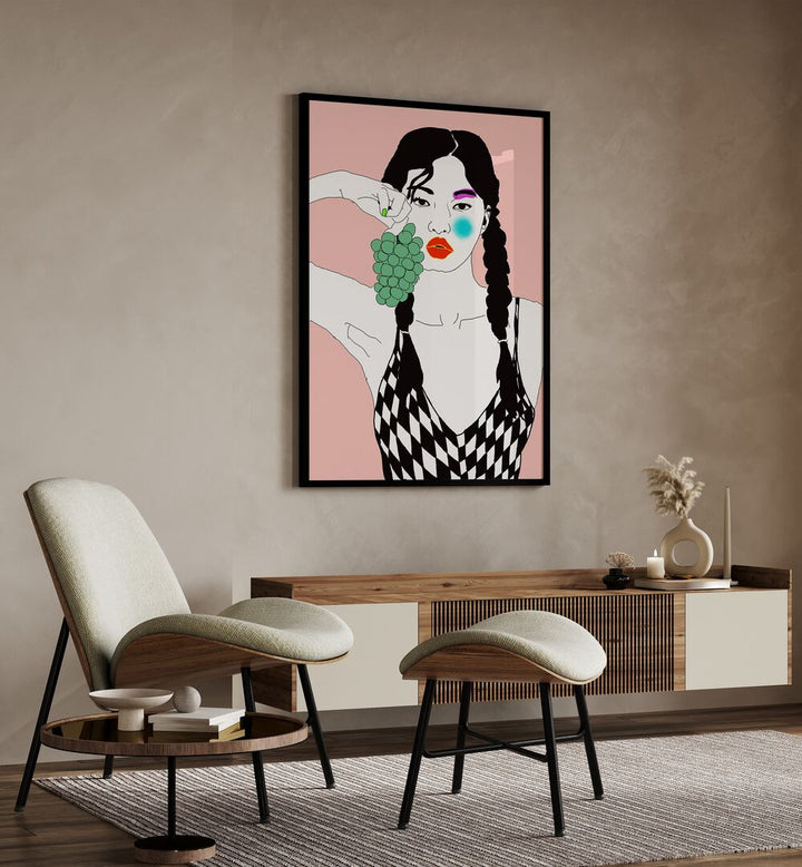 Grapes By Ana Sneeringer Women Illustration Art Paintings in Black Plain Frame on a wall placed behind a console table 