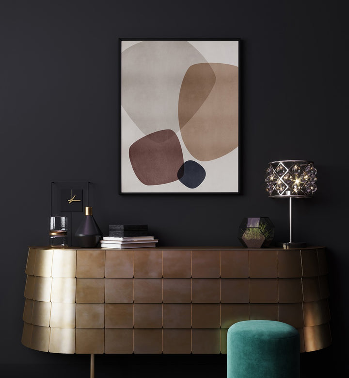 Graphic Dunes By Mareike Bohmer Abstract Art Abstract Paintings in Black Plain Frame placed on a Dark Grey Colored Wall above a Console Table in the Living Room 