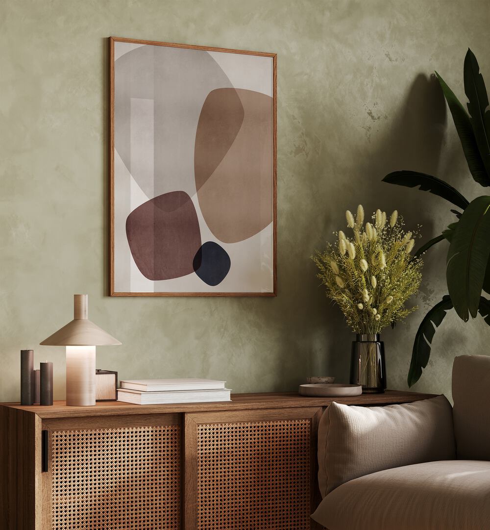 Graphic Dunes By Mareike Bohmer Abstract Art Abstract Paintings in Oak Wood Plain Frame placed on a Green Colored Wall above a Console Table near a Sofa in the Living Room 