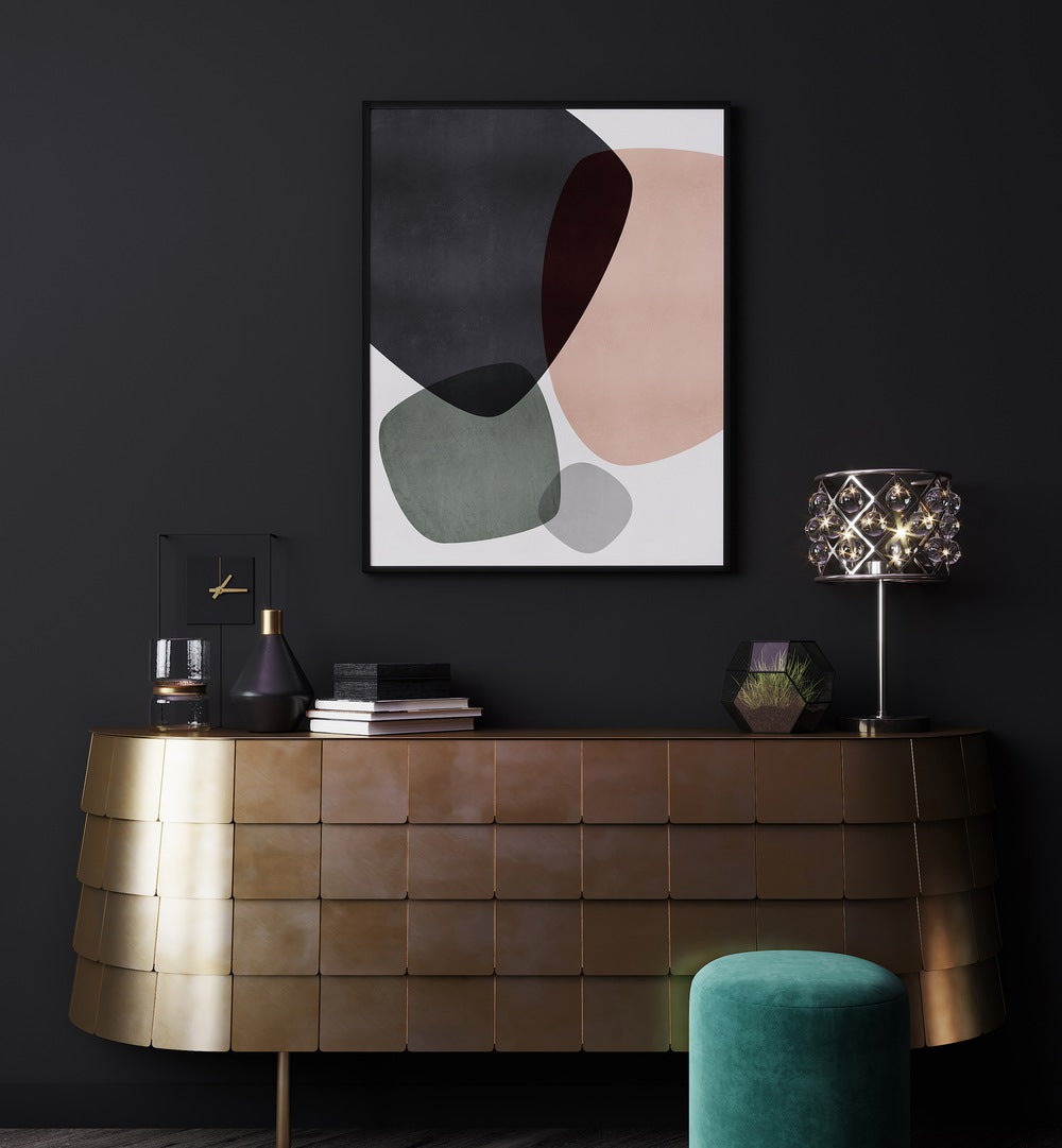 Graphic Dunes II By Mareike Bohmer Abstract Art Abstract Paintings in Black Plain Frame placed on a Dark Grey Colored Wall above a Console Table in the Living Room