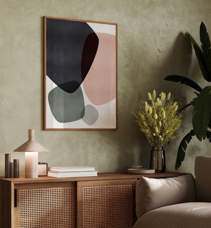 Graphic Dunes II By Mareike Bohmer Abstract Art Abstract Paintings in Oak Wood Plain Frame placed on a Green Colored Wall above a Console Table near a Sofa in the Living Room