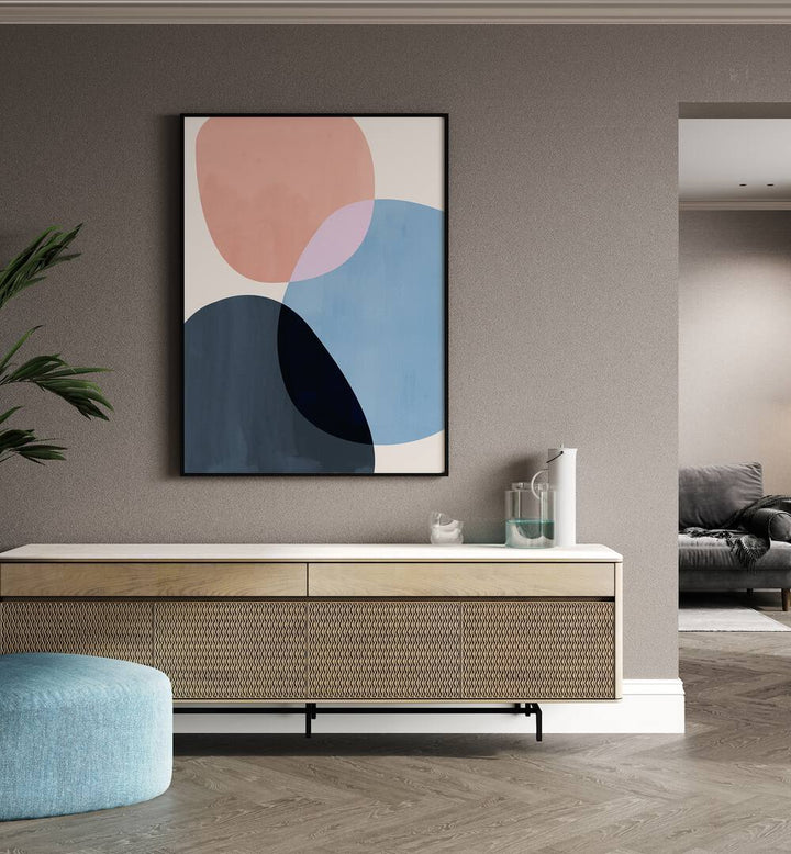 Graphic Fusion By Mareike Bohmer Abstract Art Abstract Paintings in Black Plain Frame placed on a Beige Colored Wall above a Console Table in the Drawing Room