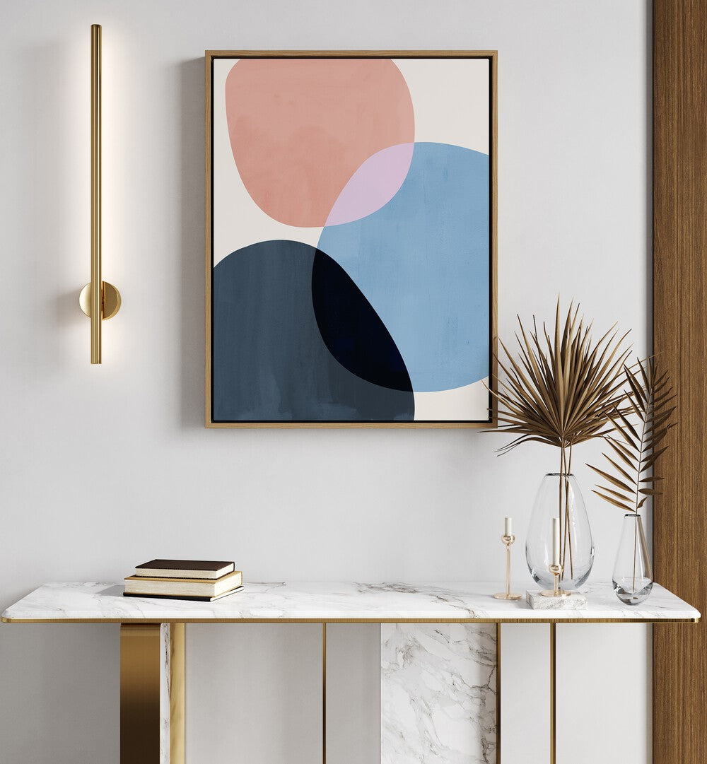 Graphic Fusion By Mareike Bohmer Abstract Art Abstract Paintings in Oak Wood Plain Frame placed on a White Colored Wall above a Console Table in the Drawing Room