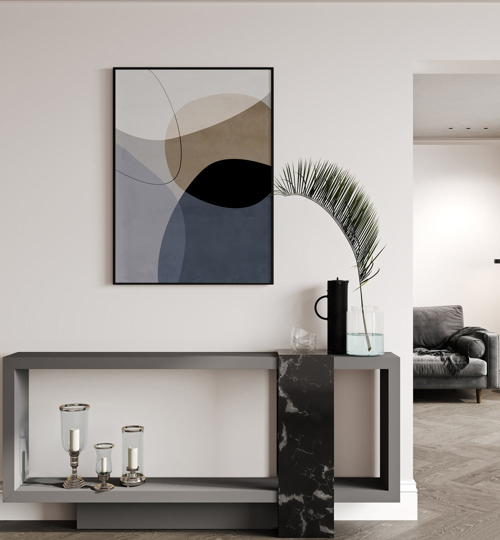 Graphic Mirage By Mareike Bohmer Abstract Art Abstract Paintings in Black Plain Frame placed on a White Colored Wall above a Console Table in the Drawing Room