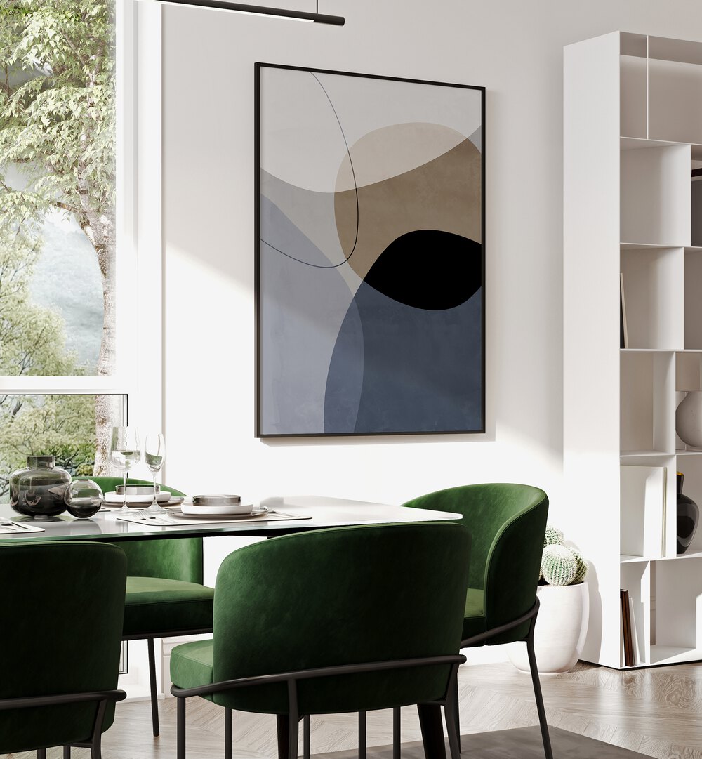 Graphic Mirage By Mareike Bohmer Abstract Art Abstract Paintings in Black Plain Frame placed on a White Colored Wall near a Dining Table in the Dining Room