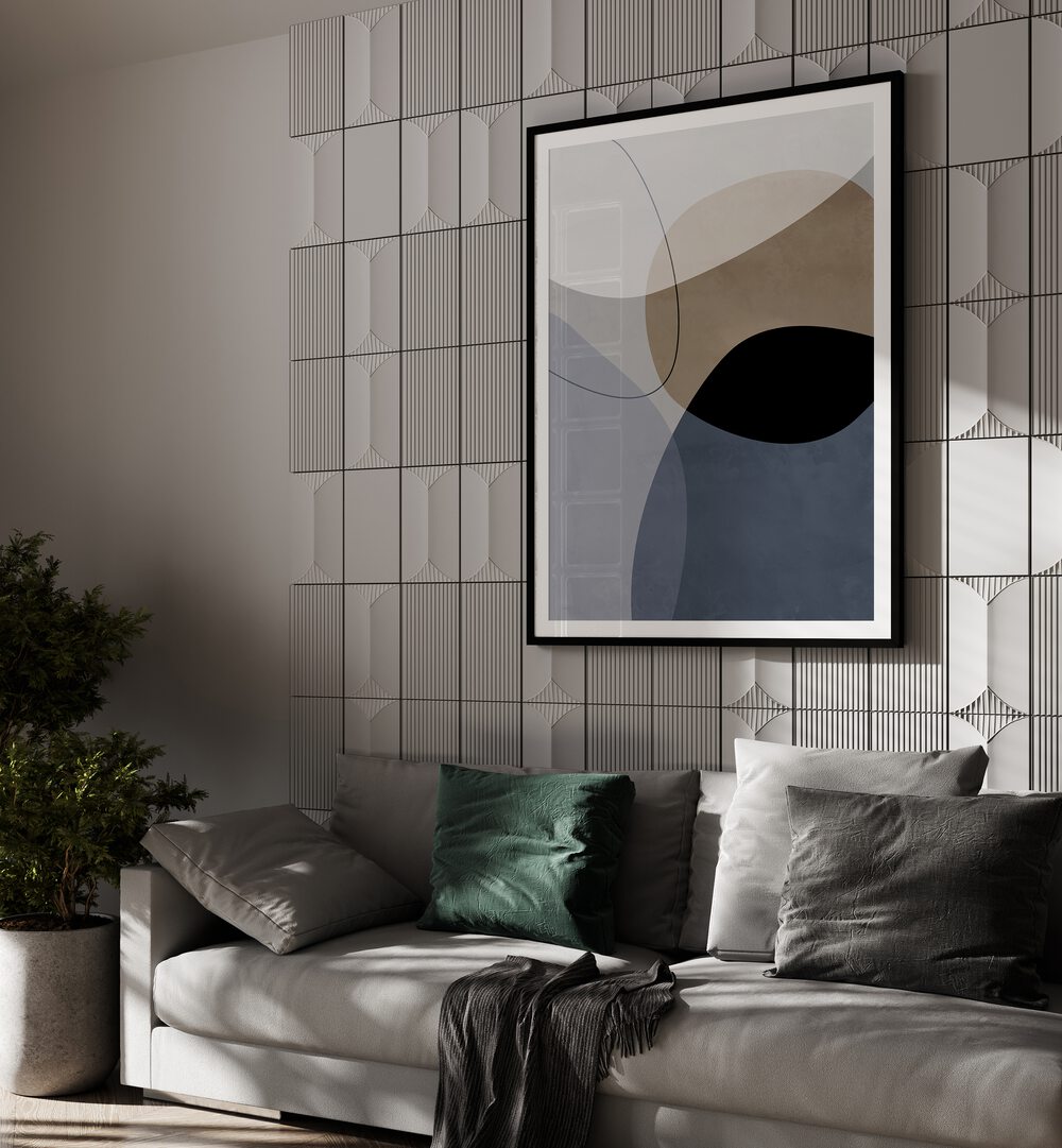 Graphic Mirage By Mareike Bohmer Abstract Art Abstract Paintings in Black Frame With Mount placed on a Grey Textured Wall near a Grey Sofa in the Living Room